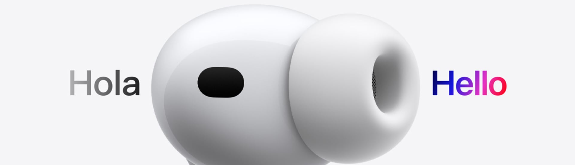 Imagen con blanco de unos AirPods Pro 3 abierto con las palabras Hola y Hello a los lados en referencia a la función de traducción en vivo.