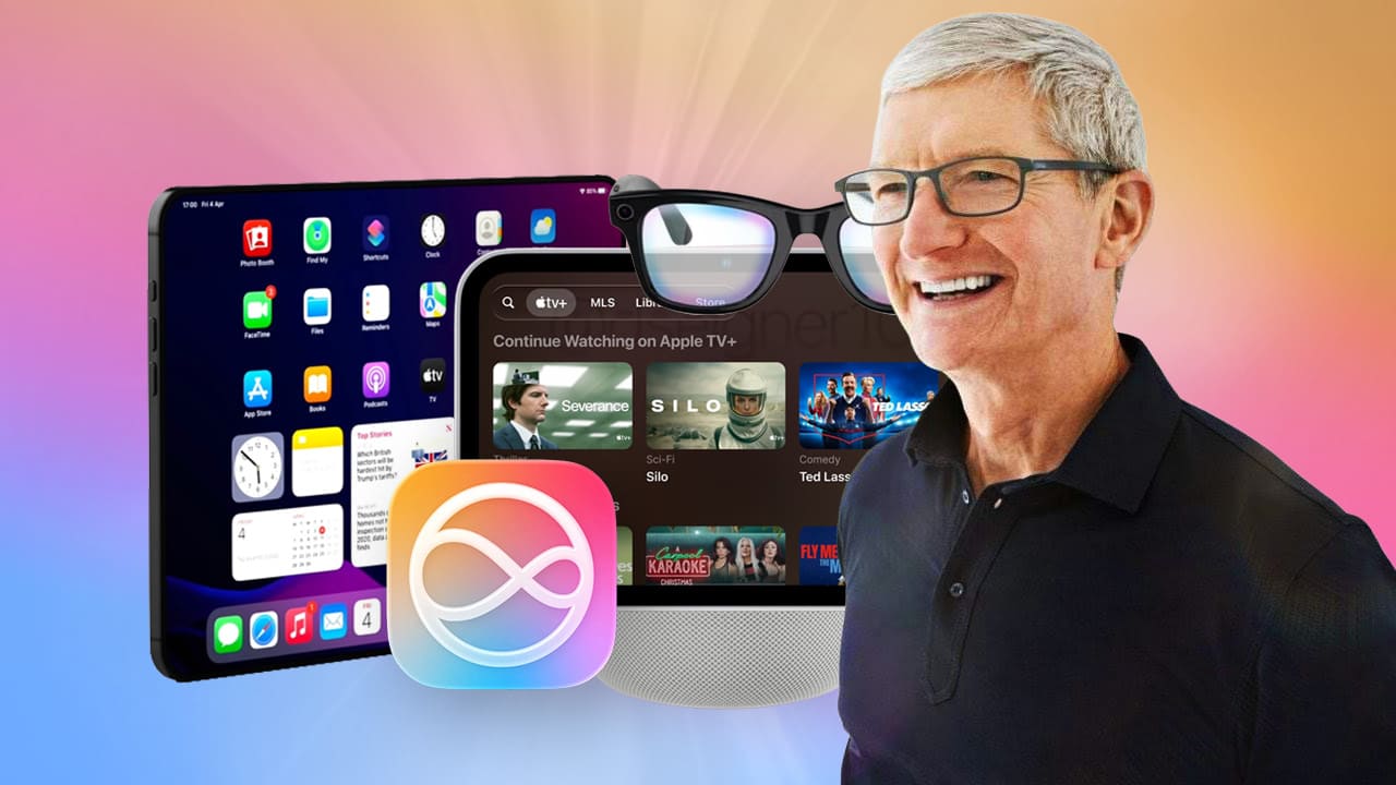 Ilustración con Siri, un iPhone plegable, un HomePod con pantalla, unas Apple Glass y Tim Cook para representar los productos y decisiones que marcarán el rumbo de Apple en 2026.