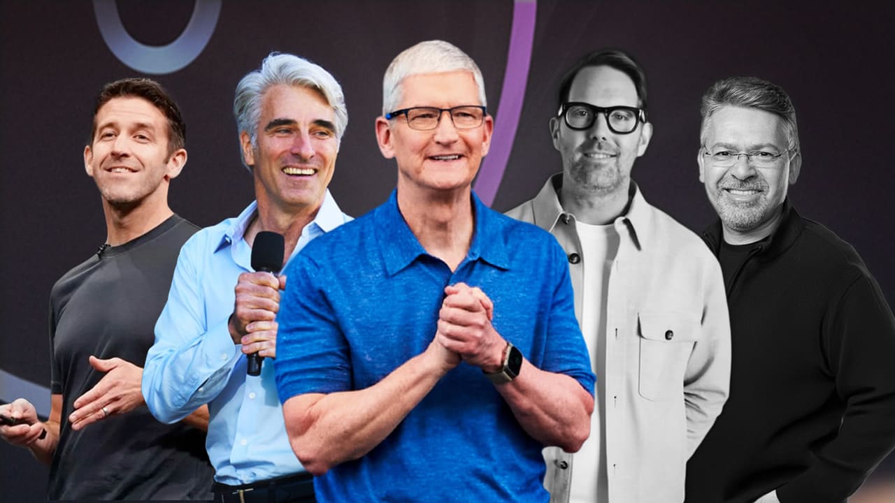 Montaje con varios directivos de Apple que simboliza los cambios internos y la transición en el liderazgo de la compañía.