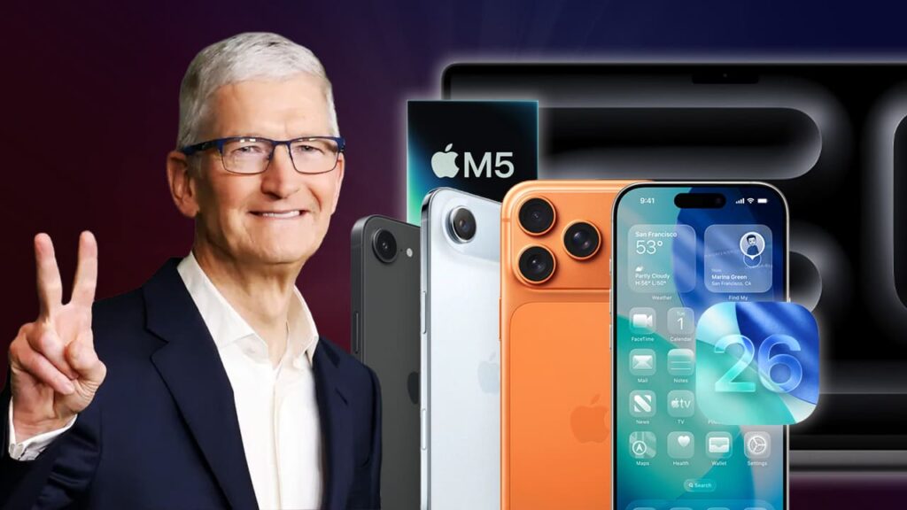 Tim Cook sonriendo y haciendo el gesto de victoria, rodeado de iPhone 17 en varios colores, el chip Apple M5 y una pantalla con iOS 26, sobre un fondo degradado en tonos rojos y azules.
