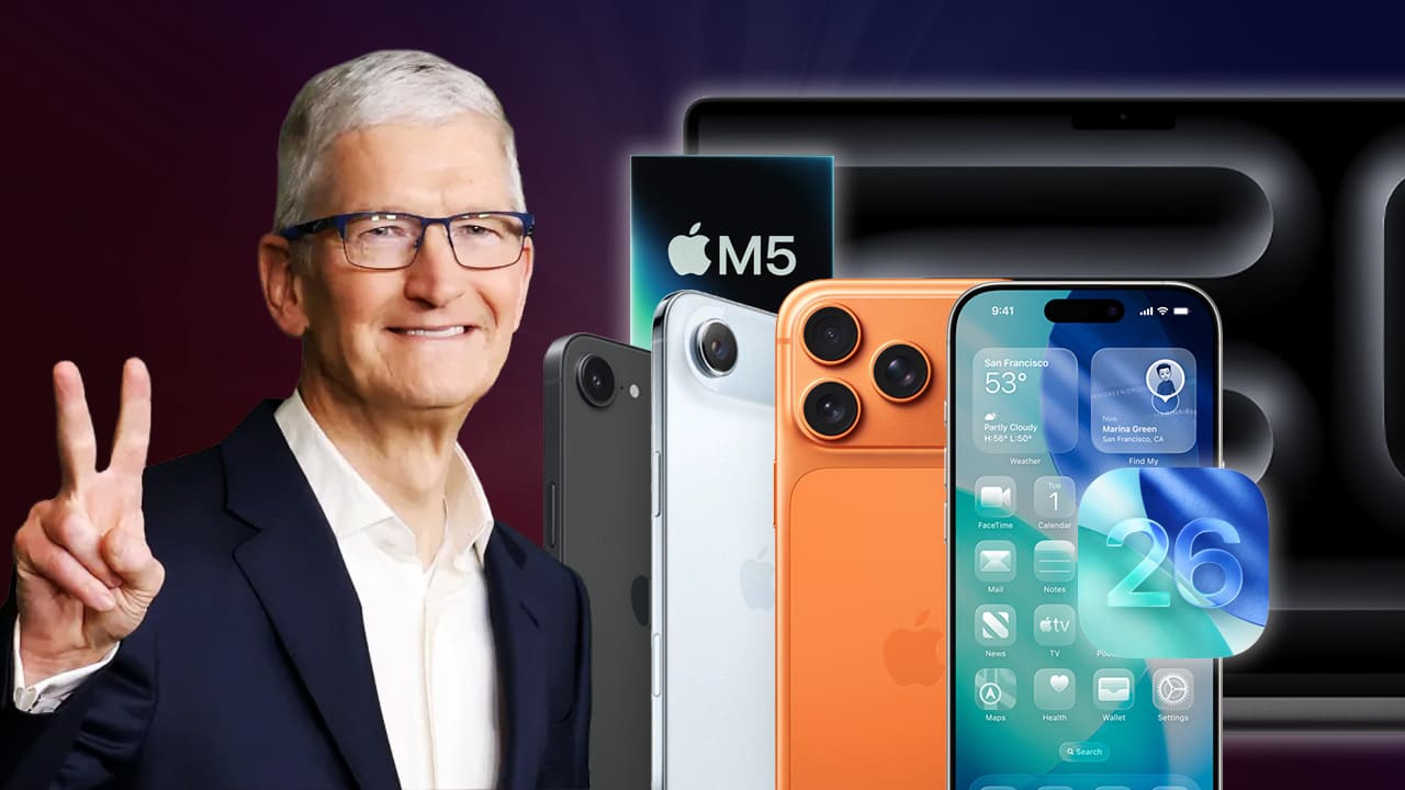 Tim Cook sonriendo y haciendo el gesto de victoria, rodeado de iPhone 17 en varios colores, el chip Apple M5 y una pantalla con iOS 26, sobre un fondo degradado en tonos rojos y azules.
