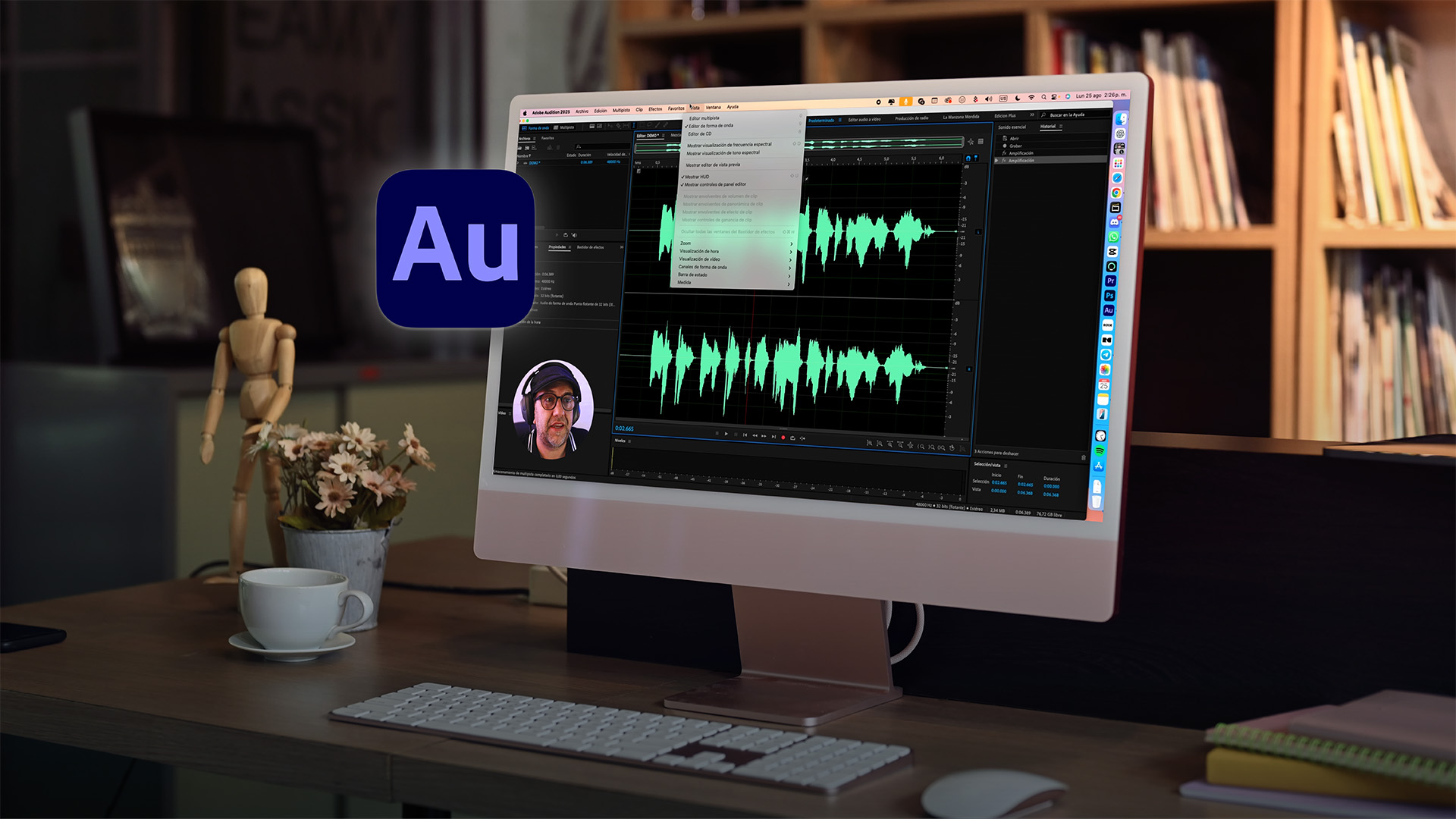 Interfaz de Adobe Audition en Mac mostrando edición de formas de onda de audio con el logo del programa.