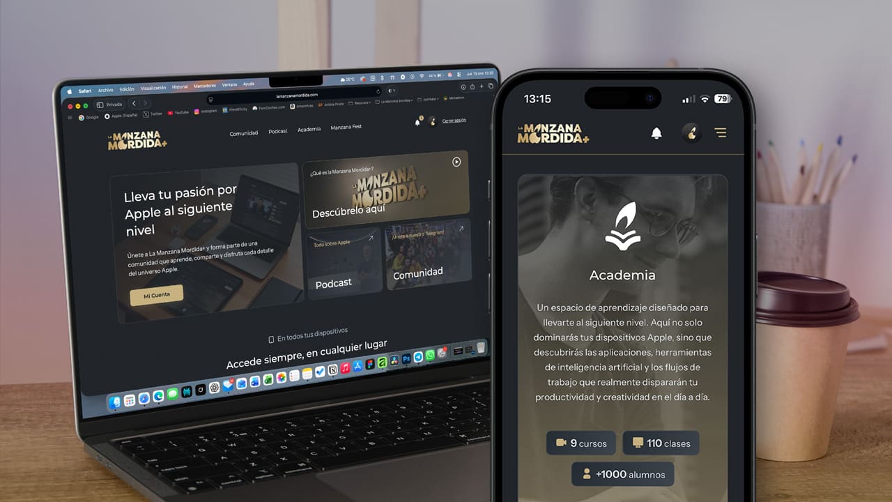 Nueva web de La Manzana Mordida+ en Mac y iPhone mostrando la academia y el diseño renovado de 2026.