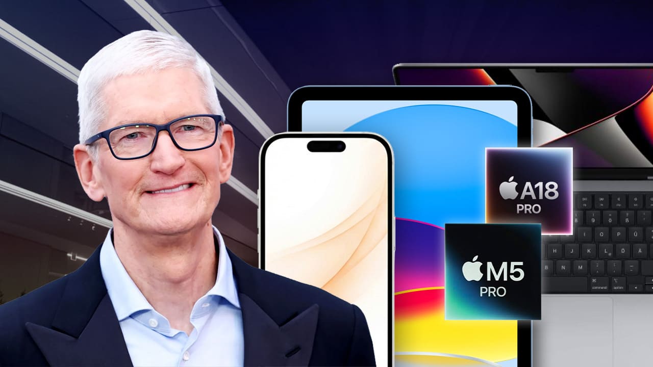 Tim Cook junto a los productos que Apple lanzará en el primer trimestre de 2026: iPhone, iPad, MacBook y chips M5 Pro y A18 Pro.