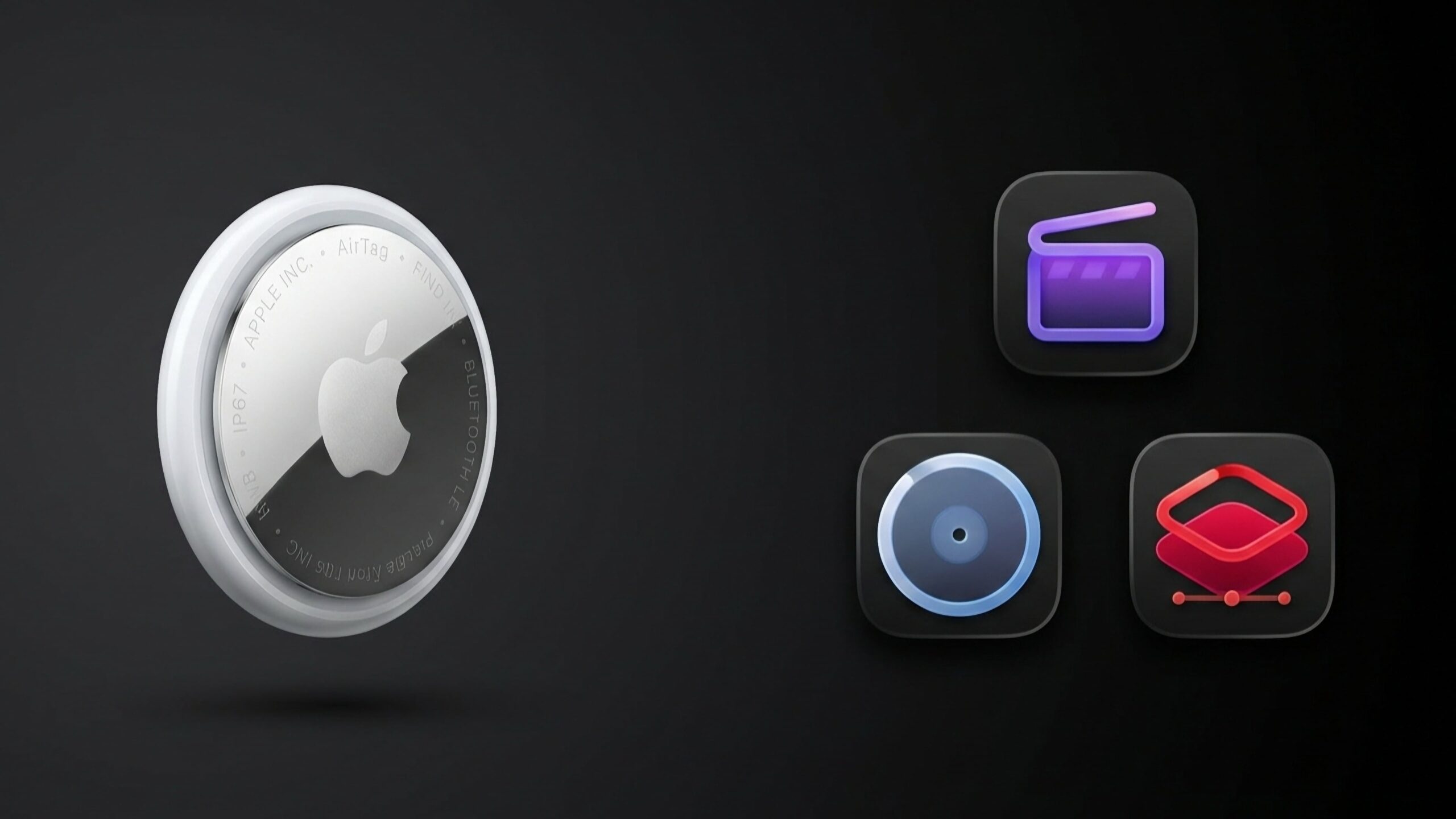 AirTag de segunda generación junto a iconos del bundle de Apple Creator Studio.