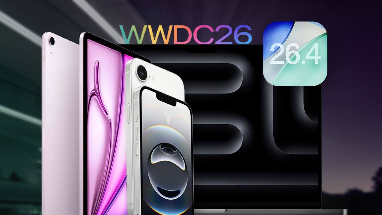 Portada podcast 350 con iPhone 17e, iPad, MacBook Pro, icono de iOS 26.4 y texto WWDC26.