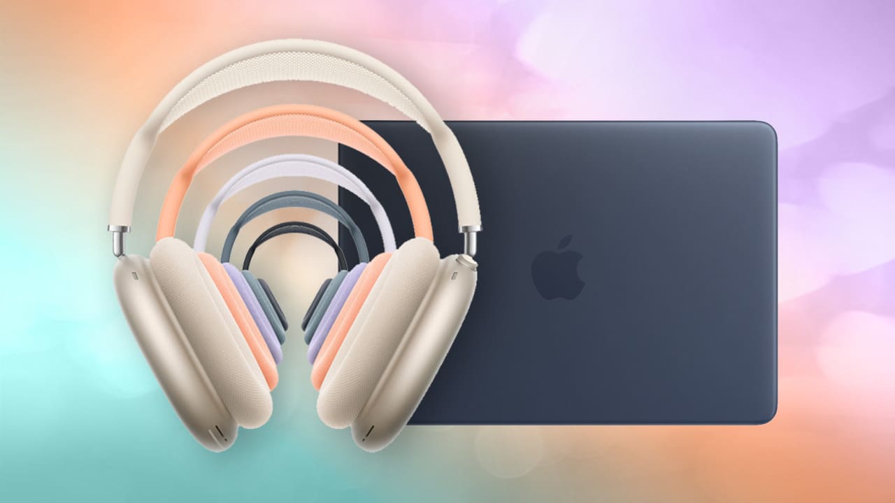 AirPods Max 2 en varios colores junto a MacBook Neo azul índigo sobre fondo degradado pastel.