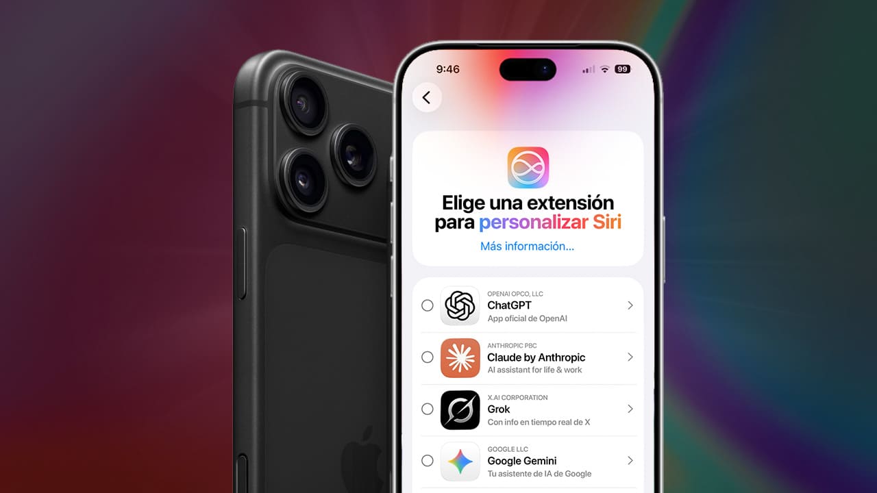 Pantalla de iPhone mostrando extensiones de IA para personalizar Siri con ChatGPT, Claude, Grok y Gemini.