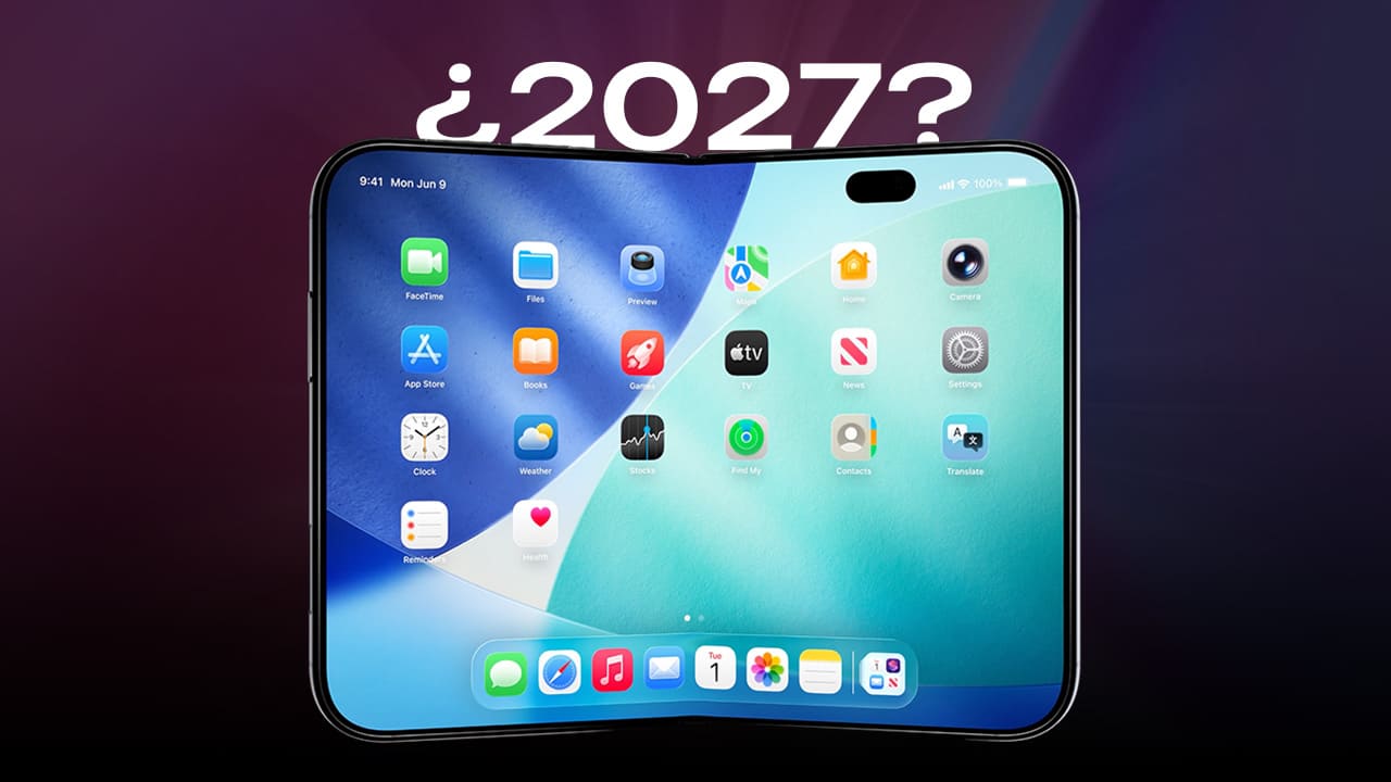 Render del iPhone plegable de Apple abierto con la pregunta ¿2027? encima, ilustrando el debate sobre su lanzamiento.