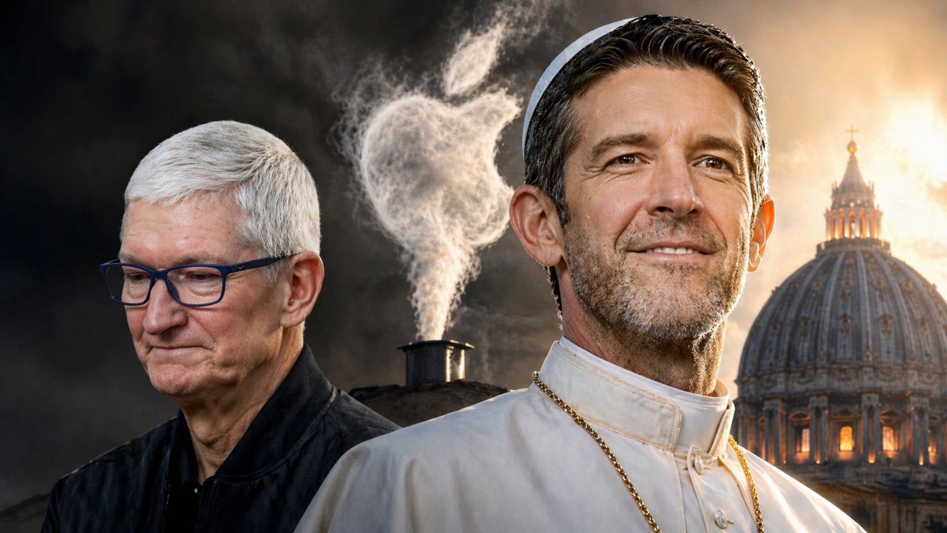 John Ternus como nuevo líder de Apple tras Tim Cook, con humo blanco y estética vaticana.