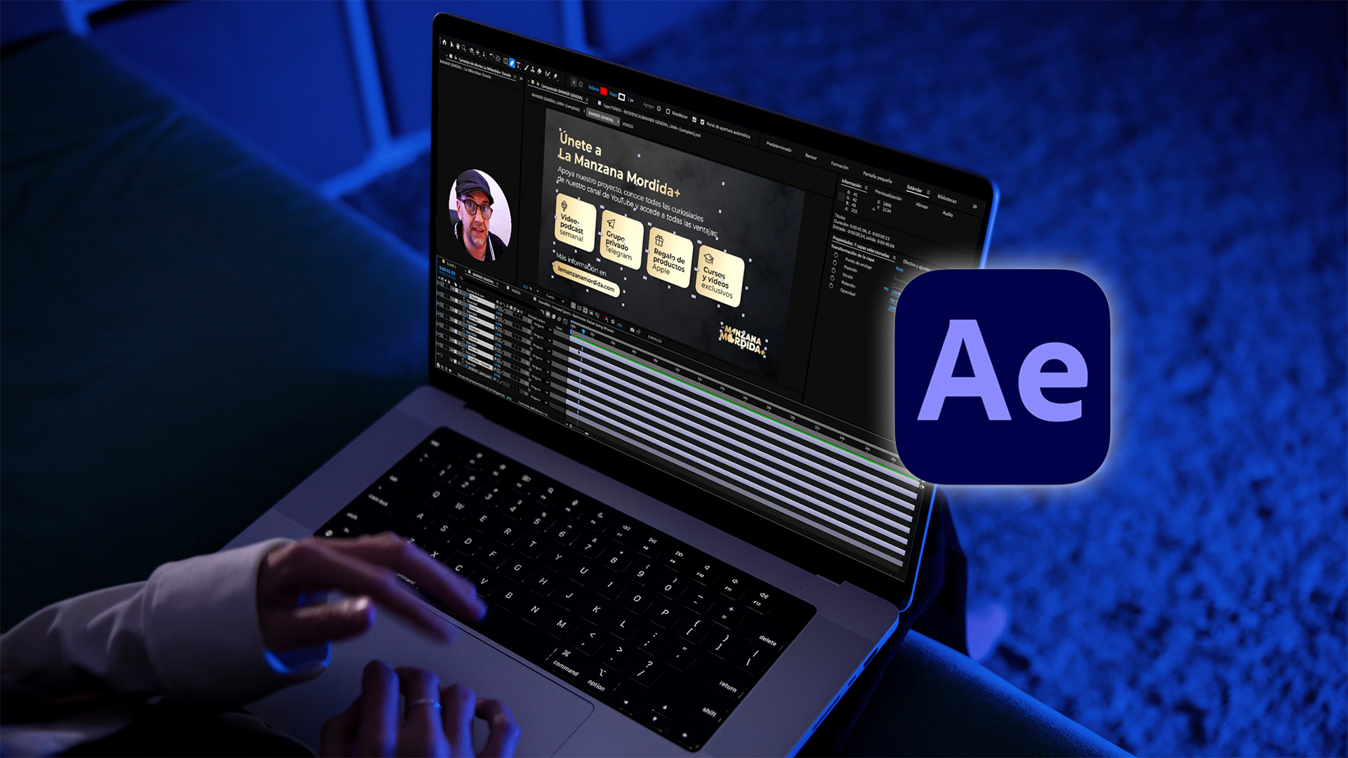 Portada del curso de Adobe After Effects en español de La Manzana Mordida+ con MacBook Pro y logo de After Effects.