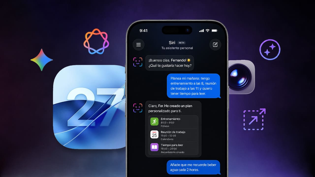 Concepto de la nueva app de Siri en iOS 27 funcionando como asistente personal con Apple Intelligence.