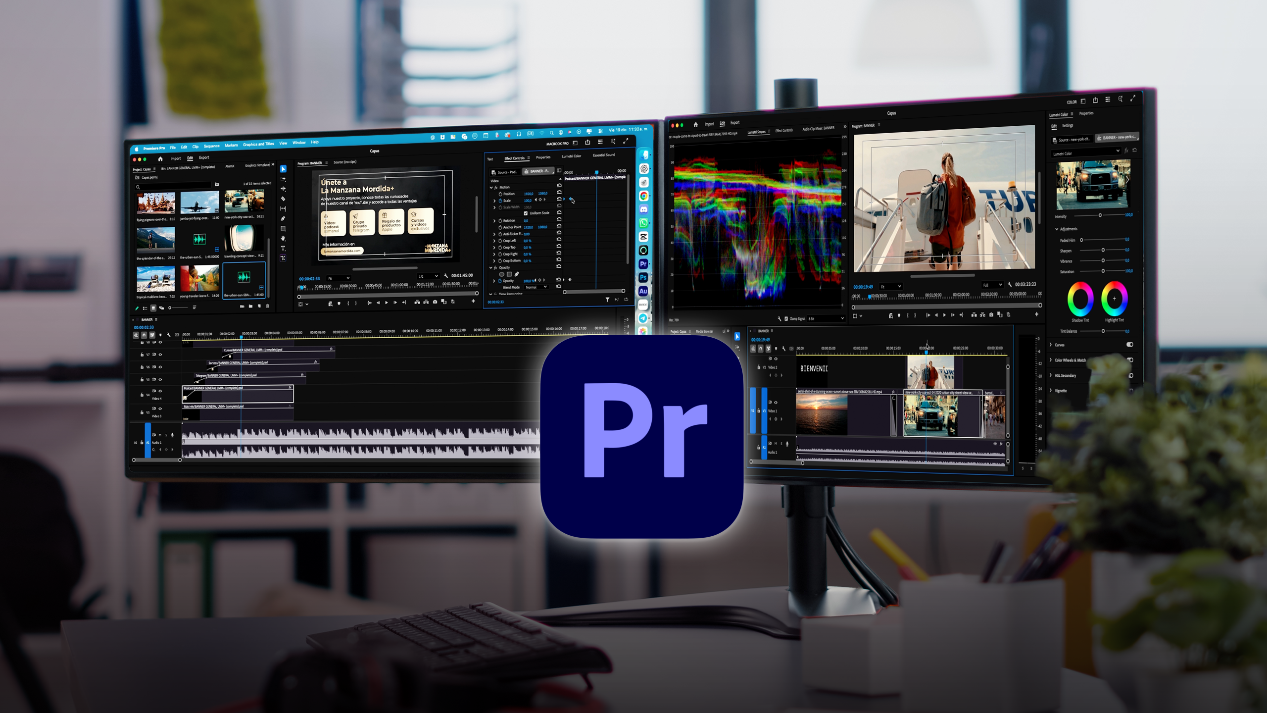 Doble monitor con Adobe Premiere Pro editando un vídeo, portada del curso de edición de la academia LMM+.
