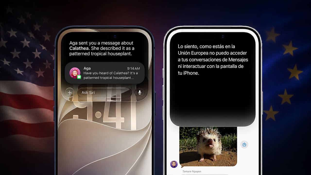 Dos iPhone comparan Siri AI en Estados Unidos y Europa para el podcast sobre Apple Intelligence y la DMA.