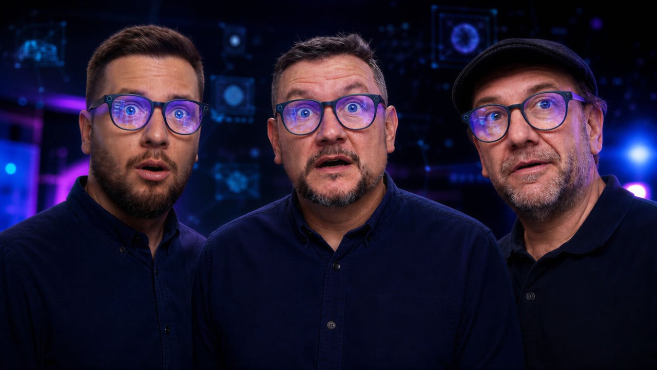Fer, Fabián y David con gafas en el podcast sobre Siri AI, gafas inteligentes y el futuro de Apple.