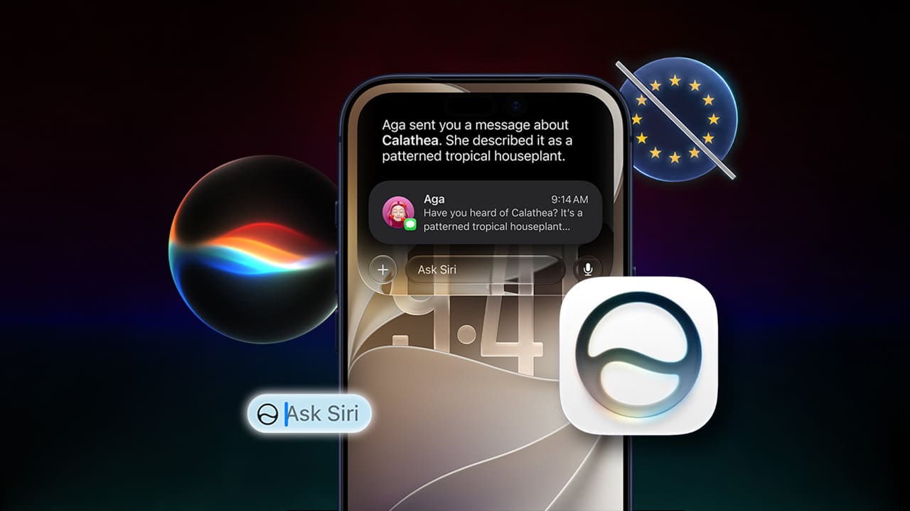 Siri AI en un iPhone junto al símbolo de Europa, clave del debate sobre Gemini y el bloqueo de Apple.