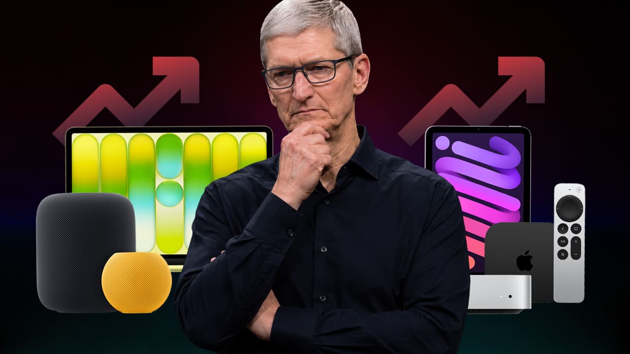 Tim Cook rodeado de productos Apple y flechas al alza por la subida mundial de precios y el posible impacto en iPhone.