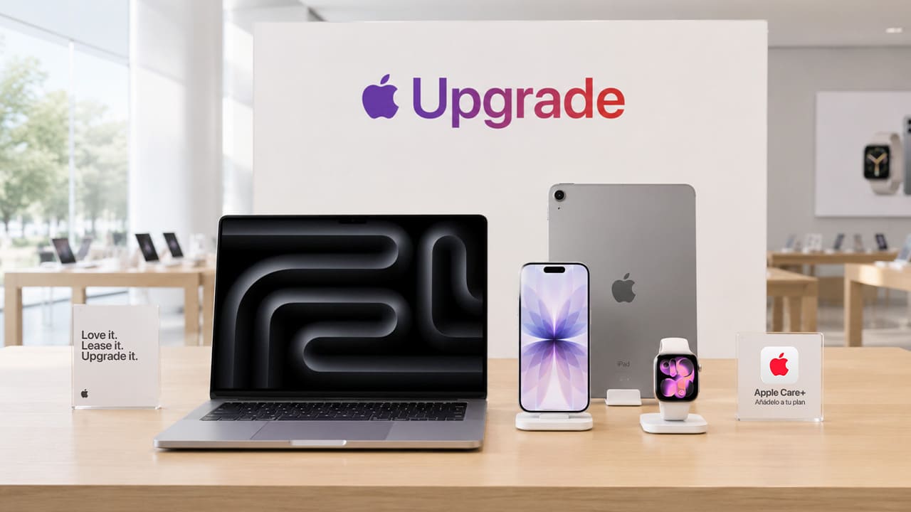 Apple Upgrade con un MacBook, iPhone, iPad y Apple Watch para el episodio sobre el alquiler de dispositivos Apple.