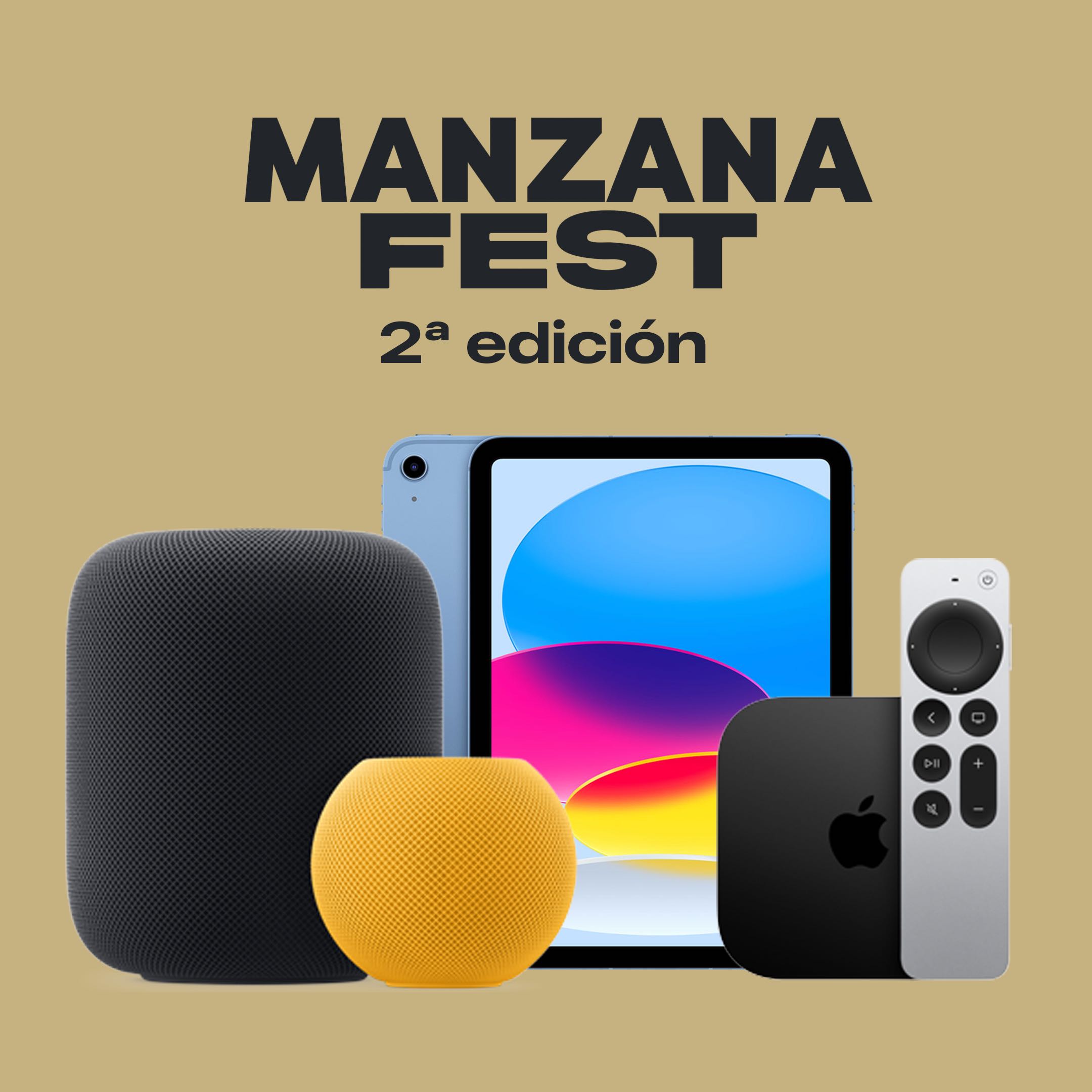 Sorteo Manzana Fest 2026 con iPad, Apple TV 4K, HomePod y HomePod mini como premios por niveles.