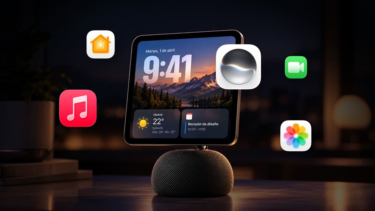 Concepto de HomePod con pantalla y altavoz, rodeado de los iconos de Casa, Siri, Música, FaceTime y Fotos
