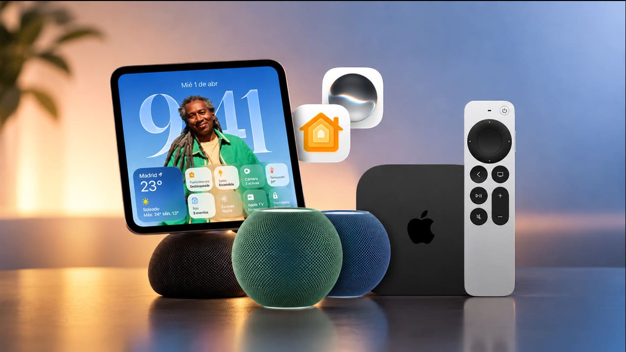 Concepto de HomePad con widgets de Casa junto a dos HomePod mini, un Apple TV con su mando y los iconos de Casa y Siri
