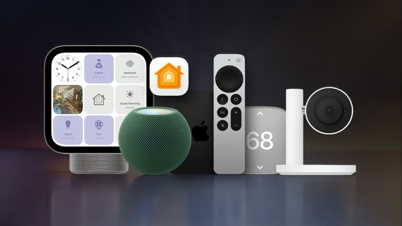 HomeView, HomePod mini verde, Apple TV con mando, termostato y cámara de seguridad sobre un fondo oscuro