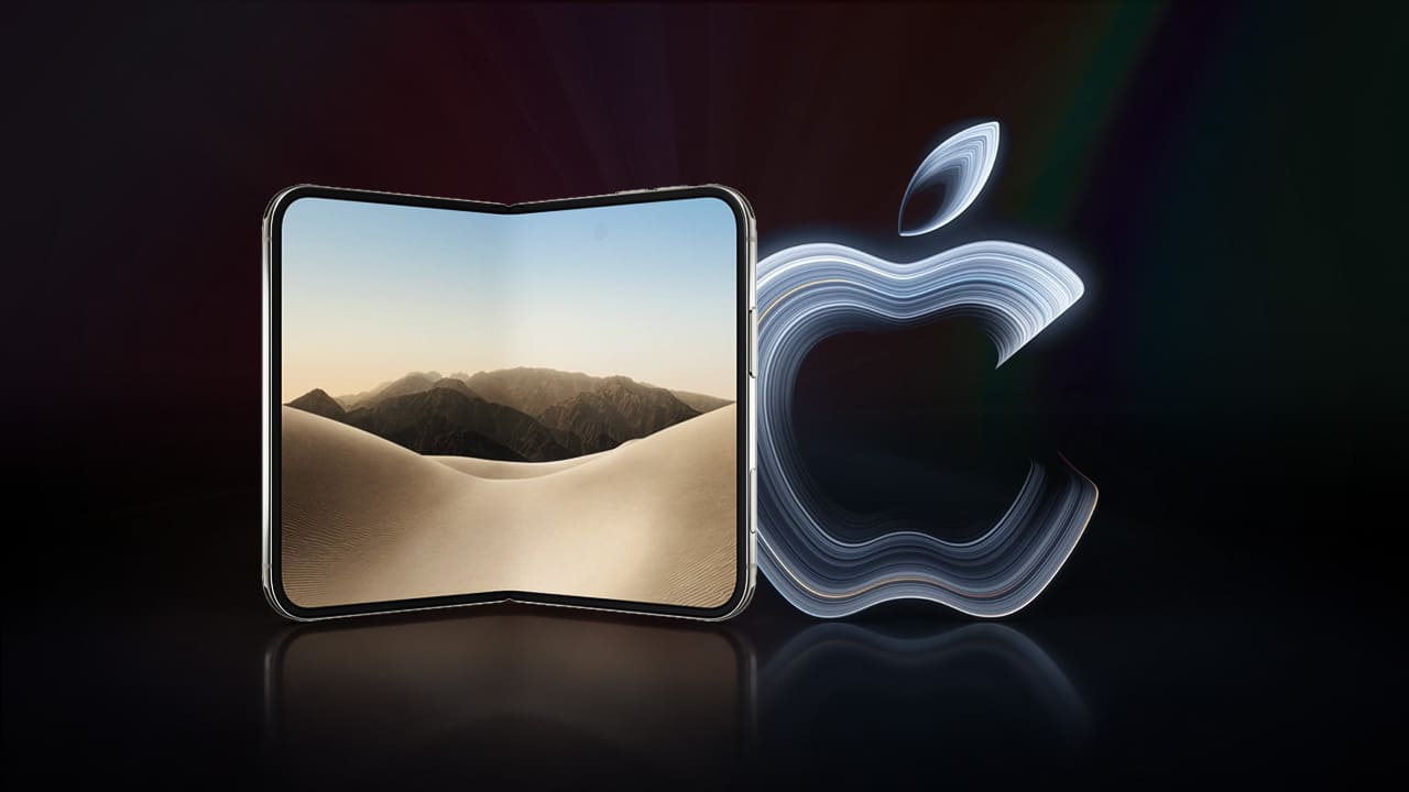 Representación del iPhone Duo abierto junto a un logotipo de Apple con efecto de capas sobre fondo oscuro